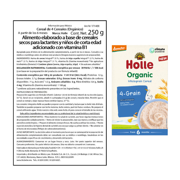 Cereal orgánico de 4 cereales para bebé Holle Baby Food - Biobebé
