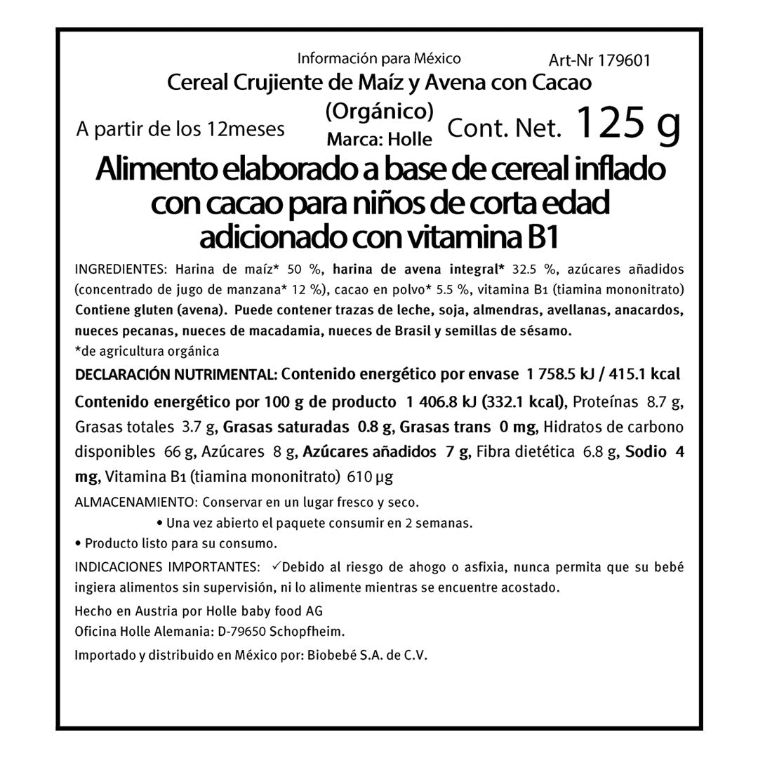 Cereal Crujiente de Maíz, Avena, Manzana y Cacao para bebé Holle Baby Food