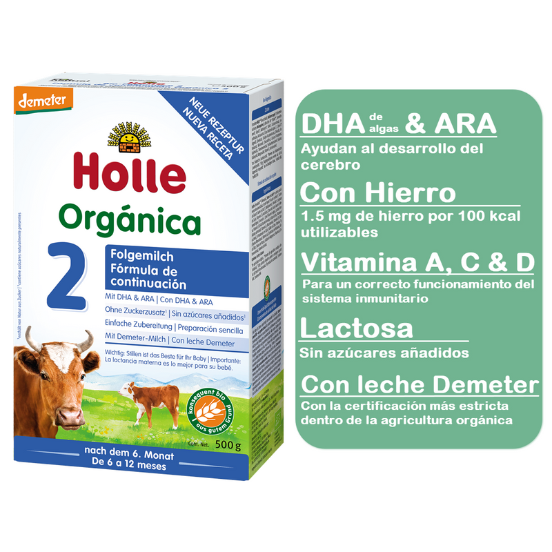 Holle Etapa 2 Envío Gratis Paquete 4 piezas (4 x 500 g = 2.0 kg) Fórmula orgánica de continuación de 6 a 12 meses, DHA/ARA, Lactosa, Hierro, Demeter - Biobebé