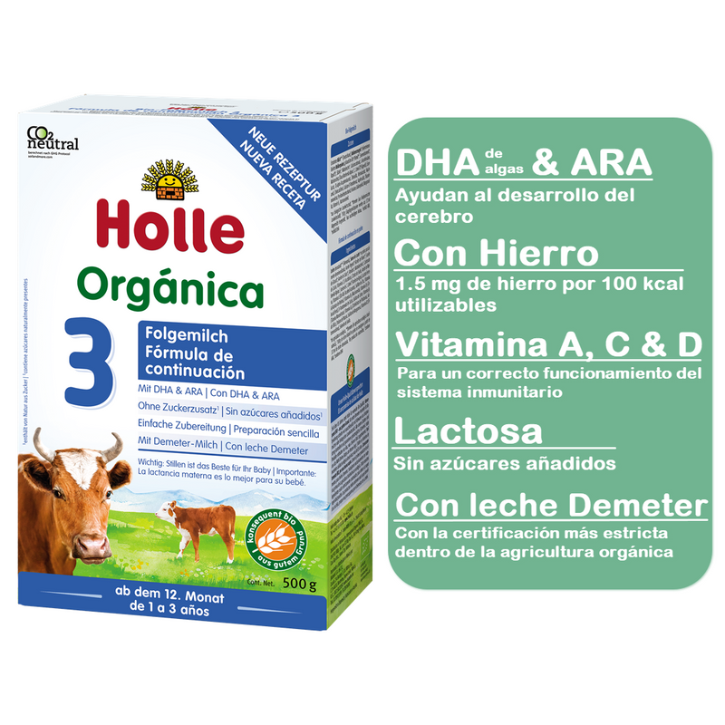 Holle Etapa 3 Envío Gratis Paquete 4 piezas (4 x 500 g = 2.0 kg) Fórmula orgánica de continuación de 1 a 3 años, DHA/ARA, Lactosa, Hierro, Demeter - Biobebé