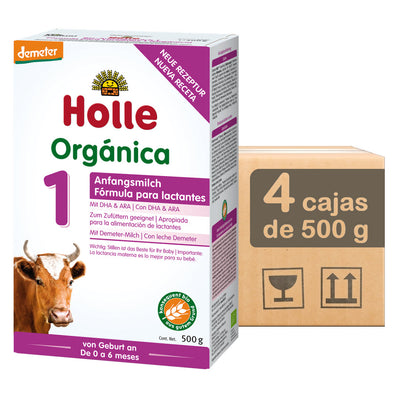Holle Etapa 1 Envío Gratis Paquete 4 piezas (4 x 500 g = 2.0 kg) Fórmula orgánica para lactantes de 0 a 6 meses, DHA/ARA, Lactosa, Hierro, Demeter - Biobebé